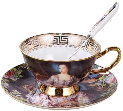 Euro-Stil, Keramiktasse, Untertasse und Löffel, Teetassen aus Knochenporzellan, kleine Blumenmuster, weiß, rosa, blau, Muster, Heimküchengerät
