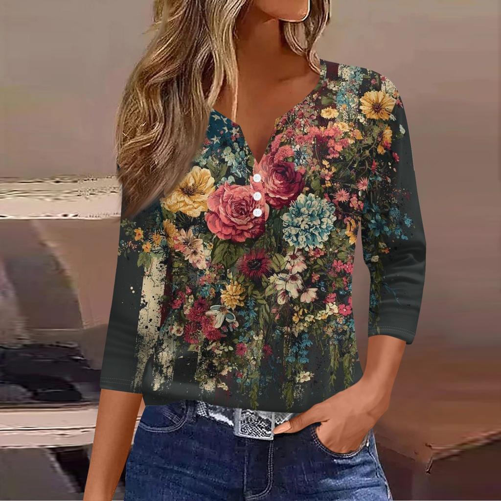 Women's Fashion Casual Independence Day American Flag Stars and Stripes Print Collar V-Neck Three-Quarter Sleeve Decorative Button-Up T-Shirt Top