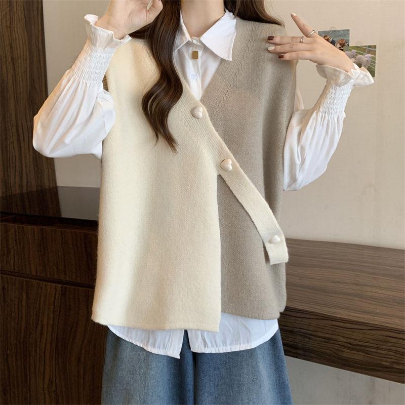 Vår og høst Kontrastfarge Strikket Genser Vest for Dame Design Uregelmessig Løs og Slank Ermeløs Strikket Vest Dame