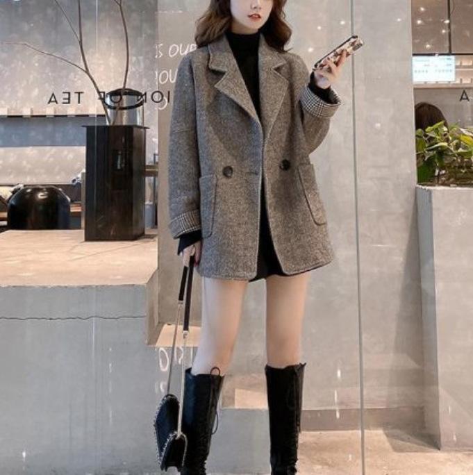 British Style Gray Coffee Suit Woolen Coat Women's Autumn and Winter Thick Loose Casual Suit