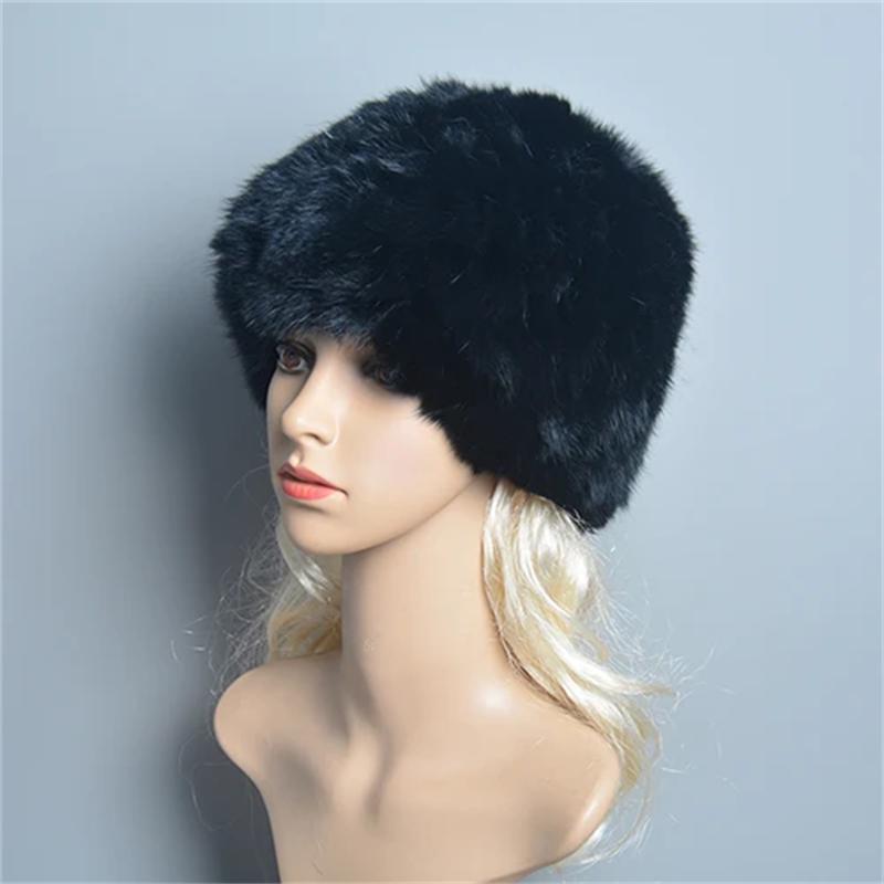 

Русская женская хорошая эластичная шапка из натурального кроличьего меха, женские зимние теплые вязаные шапки из натурального кроличьего меха, уличные пушистые меховые шапки ONE SIZE чёрный