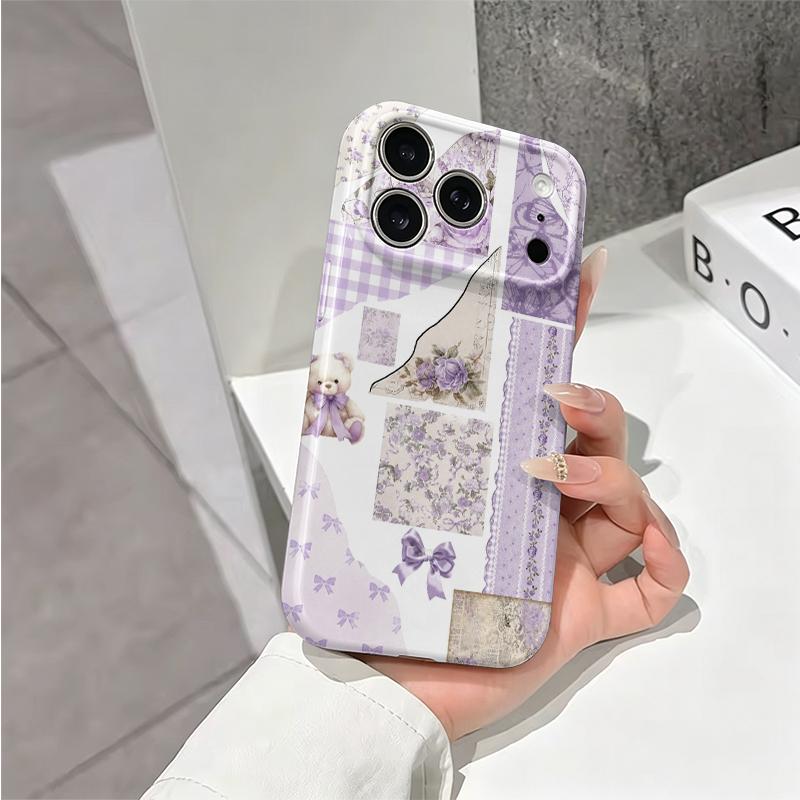 Charming Scrapbook Collage Lavender Floral Teddy Bear Ribbon Film Aesthetic Protective Shockproof Bumper Case Cover For iPhone 14 15 16 Pro Max Plus