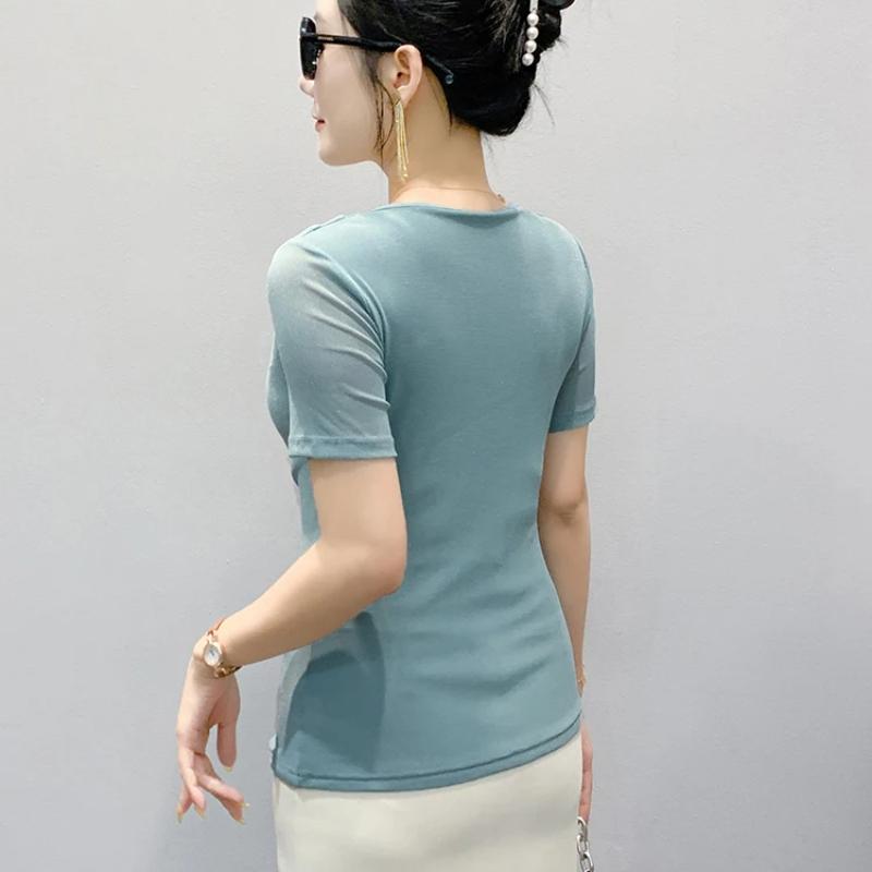 Summer Women's Draped Design O-Neck T-Shirt Trendy Elegant Short Sleeve Mesh Tops New Casual Fairy Tees Blouse