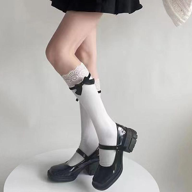 Sweet Lace Patchwork Calf Socks Lolita Bow White Cutewomen Mid-Tube Socks