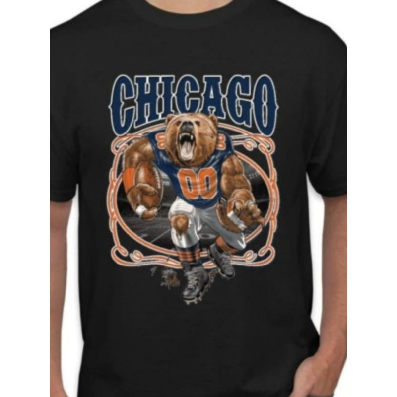 Европейские размеры 1 шт. Мужская футболка Премиум для фаната чикагского футбола, Круглый вырез, Короткий рукав, Обычный крой с дизайном свирепого игрока-медведя S чёрный