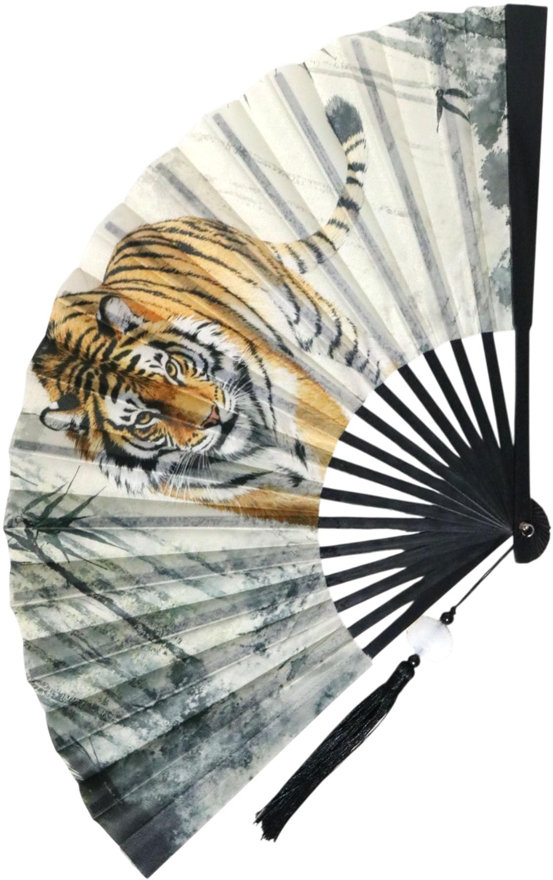 

FashionBerry Японский складной веер «Тигр» с большим прочным каркасом, идеально подходит для лета, благоприятный фэн-шуй, сине-белый мужской веер, двусторонний, стиль, кисточка,