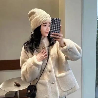 Women's Short Beige Teddy Faux Fur Coat Button-Up Warm Winter Jacket Casual Streetwear