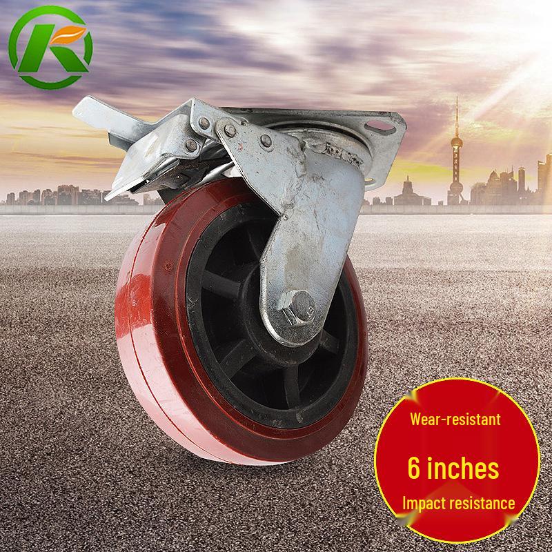 Red Poly Swivel Brake Industrial Caster with Flat Plate 4-inch Red Polyurethane Wheel with Brake