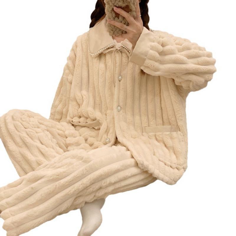 Nightgown Female Autumn and Winter Coral Velvet Thickened with Velvet Comfortable Loose Outside Wearing Long Pants Winter Warm Long Sleeve Long Suit