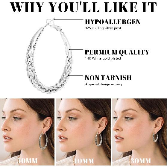 JEMARA Silver Hoop Earrings for Women Trendy Hypoallergenic 925 Sterling Silver Post Hoop Earrings Thick Twisted Large Silver Hoop Earrings