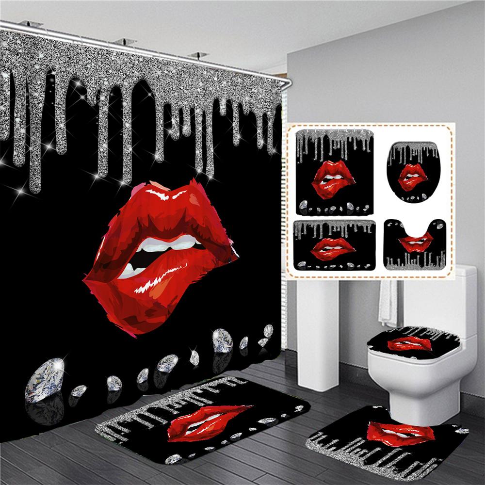 Sparkling Golden Red Shower Curtain Set With Non-Slip Rugs Toilet Lid Cover And Bath Mat Glitter Shower Curtain Bathroom Decor
