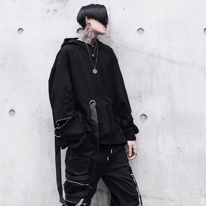 Herren Harajuku Style Kapuzensweatshirt mit Webband-Reißverschluss-Dekoration