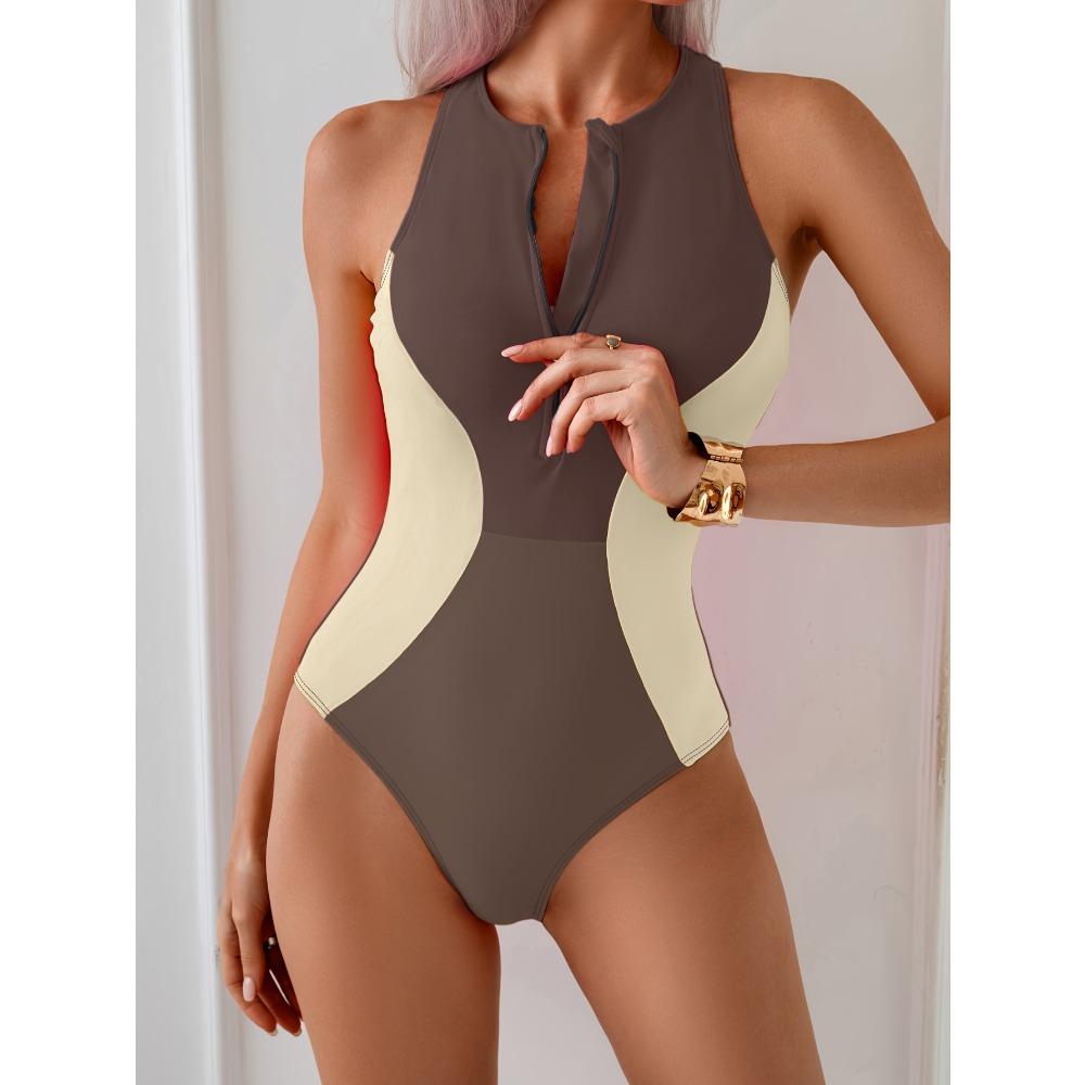 

Women S Competitive One-Piece Swimsuit - Quick-Dry Swim Suit with Front Zipper, Neon Pink & Lime Green Color Block Design, High-Elasticity Swimwear XXL