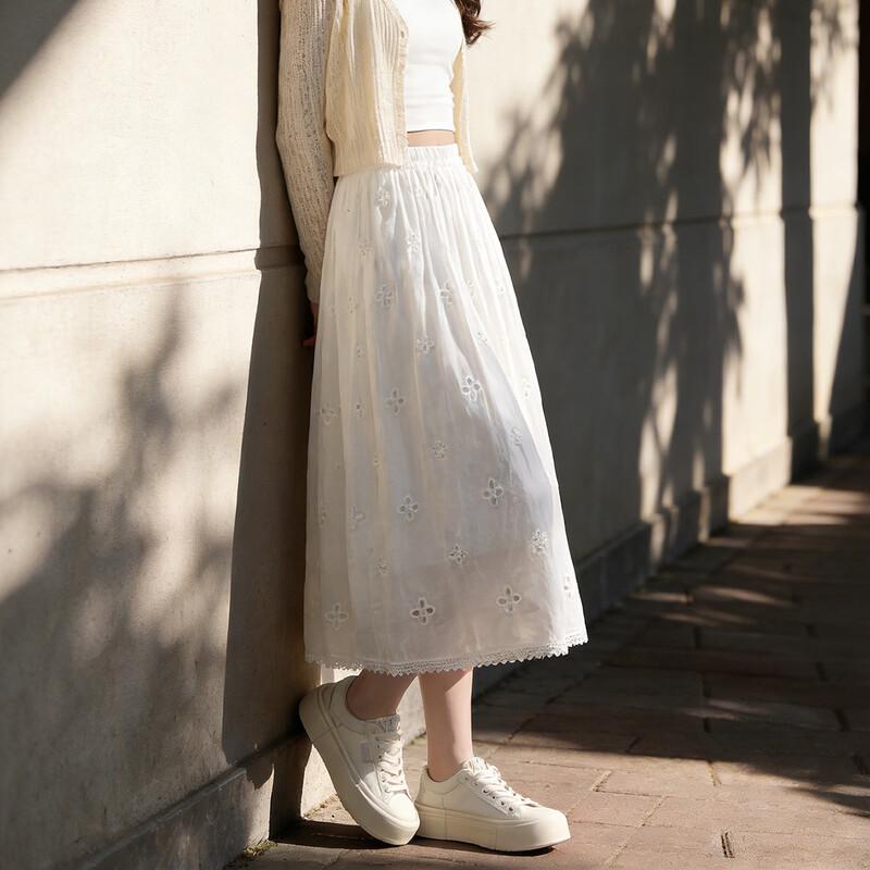 French Style Embroidered Lace A-line Midi Skirt