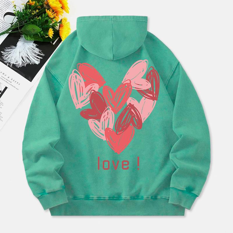 Love Heart Washed Hoodies Women Pink Graffiti Printing Cotton Streetwear Oversize Pocket Warm Womans Clothes