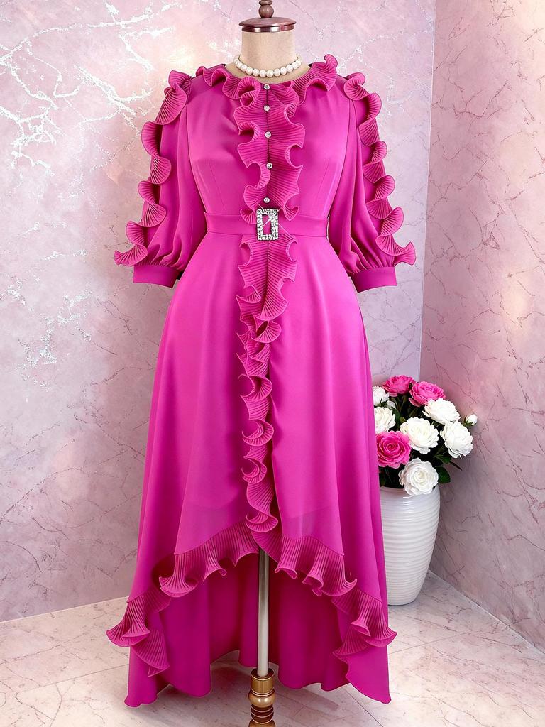 Plus Size Elegant Rose Red Chiffon Evening Gown with Ruffled Irregular Hem