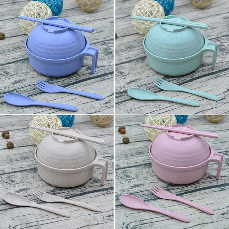 Microwave Ramen Cooker Instant Noodles Bowl with Handle Wheat Straw Tableware with Spoon Chopsticks Fork Dorm Kitchen dinnerware
