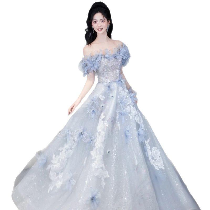 Blue evening dress dress women's 1011 new high-end light luxury niche wedding dress birthday adult toast engagement
