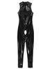 Catsuit en cuir verni brillant pour femmes, bonnets ouverts, body sans entrejambe, col montant, sans manches, slim, Clubwear