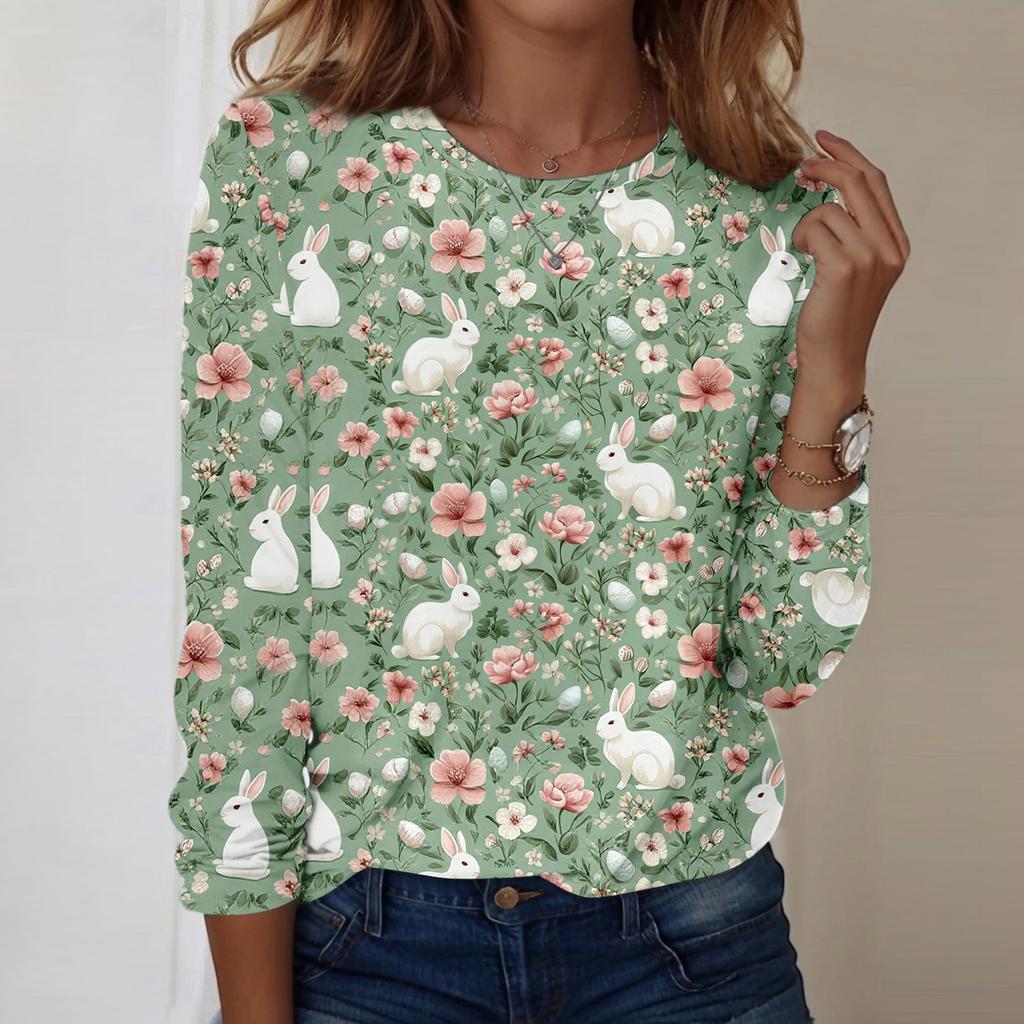 Top casual da donna a maniche lunghe con stampa pasquale e girocollo
