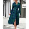 Women's Polo Collar Long Sleeve Midi Dress Slim Fit Mid Rise Elegant Printed Shirt Dress