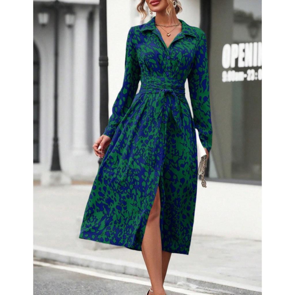 Women's Polo Collar Long Sleeve Midi Dress Slim Fit Mid Rise Elegant Printed Shirt Dress