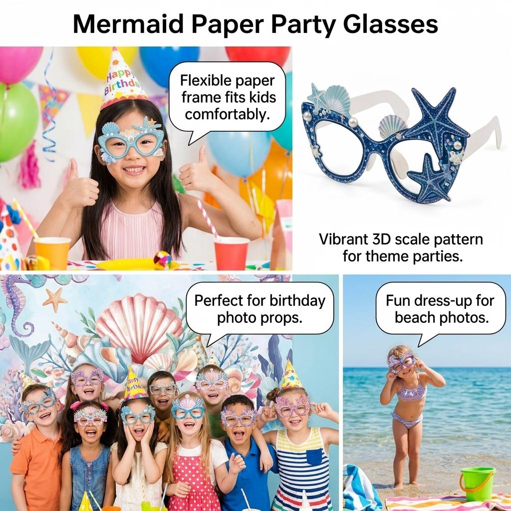 12 Pcs Mermaid Theme Party Glasses for Kids Paper Photo Props Flexible Frame 3D Scale Pattern Birthday Halloween Cosplay