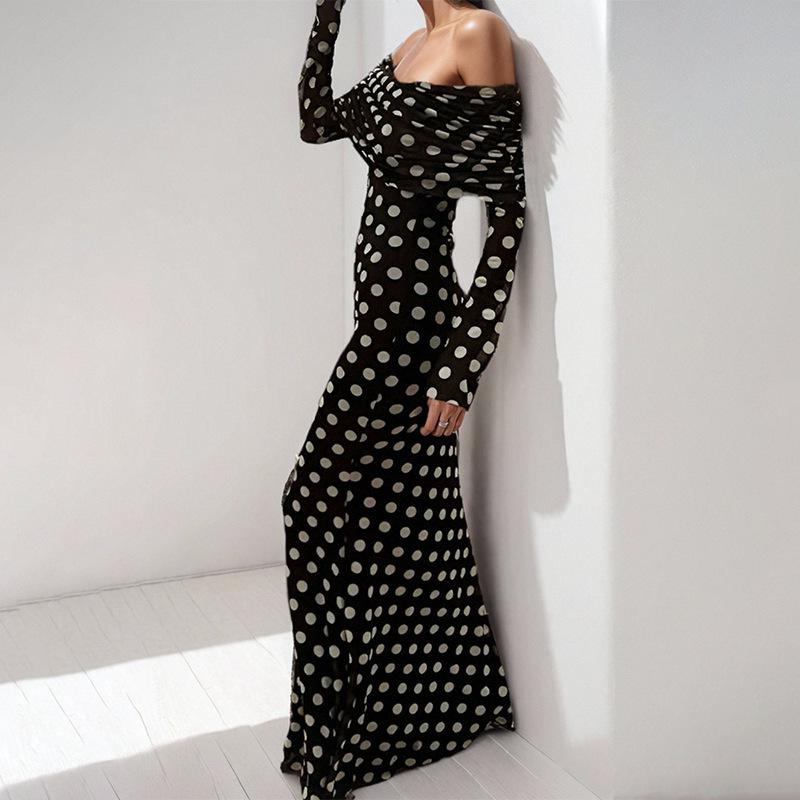Women's 2026 Spring Retro Polka Dot One-Shoulder Dress