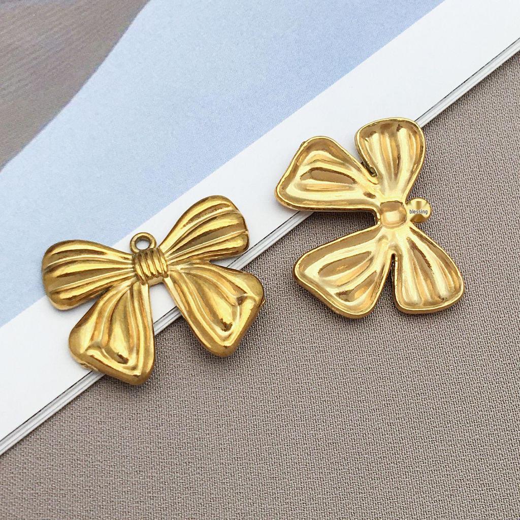 Gold Stainless Steel Bow Necklace & Bracelet Set - Versatile Pendant, Charm, DIY Earrings, Fashion Jewelry Accessories.