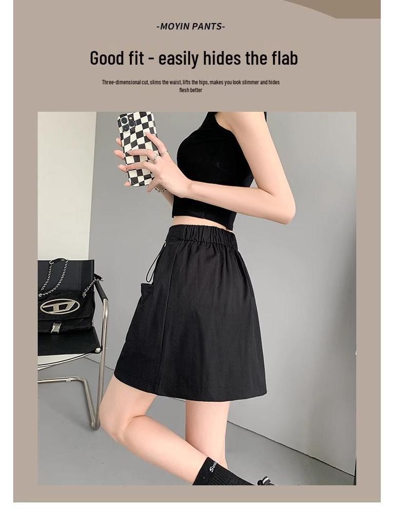 Gray Women's A-Line Midi Skirt with Elastic Drawstring Waist - Summer 2025 Anti-Exposure Workwear Style