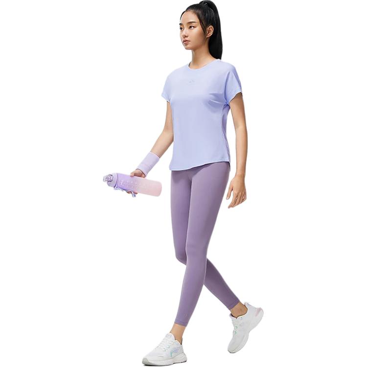 Li Ning Plain Ribbed Round Neck Sports Short Sleeve T-Shirt Women Tops Light-Blue ATST578-3