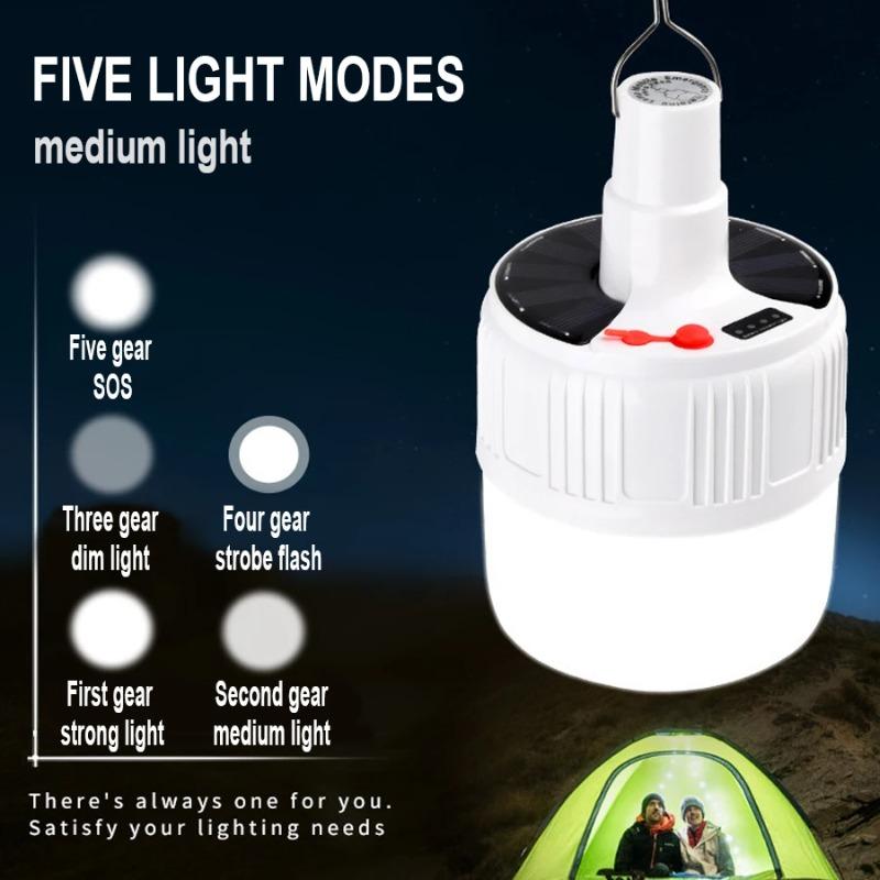 Solar Light Bulb Camping Solar LED Light USB Rechargeable 5Lighting Modes Tent Hanging Bulb for Outdoor Hiking Emergency Outage