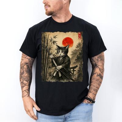 Samurai Katze Japanische Kunst Männer Jungen Lustiges Grafik T-Shirt Anime Unisex T-Shirt