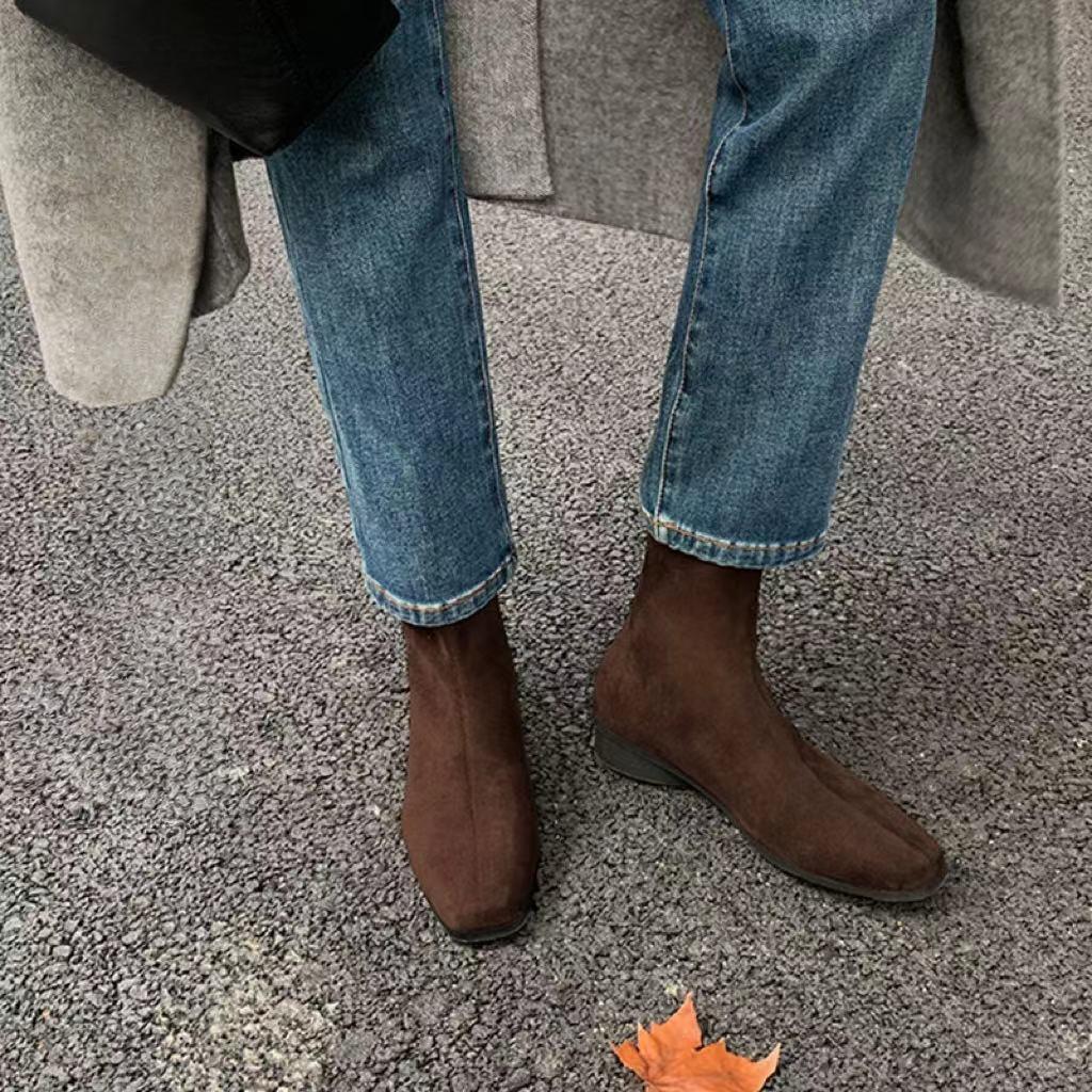 Small Man Increases Height and Looks Thin French Square Head Retro Brown Suede Thick Heel Short Boots Zipper Flat Bottom Martin Boots Women