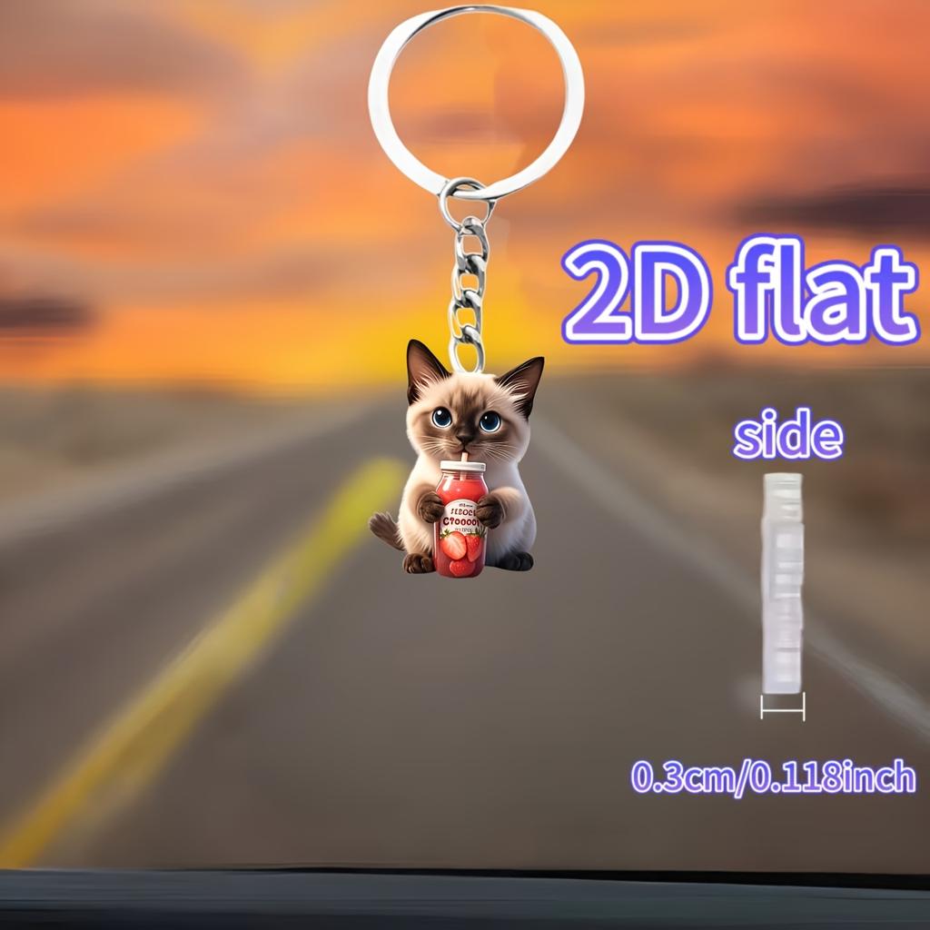 Cute 2D Siamese Cat Keychain Acrylic Kitten Backpack Car Interior Decorations Ornaments Gift for Women Lady Party Car Key Decor