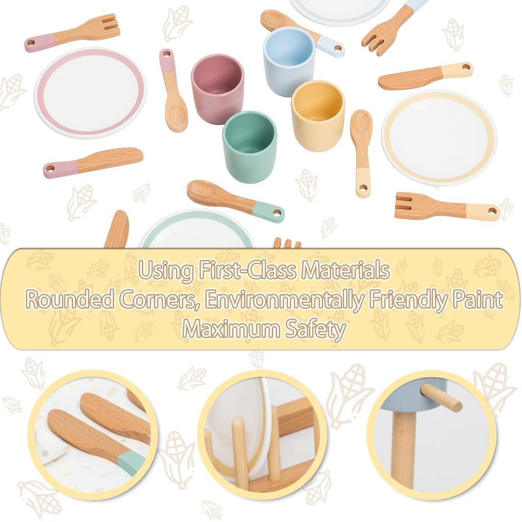 UMU Kinderspiel-Geschirrset, Holz-Kinderküchen-Geschirrset, 33-teiliges Set, Montiert, Montessori-Stil für Jungen und Mädchen, Perfekt für Pr
