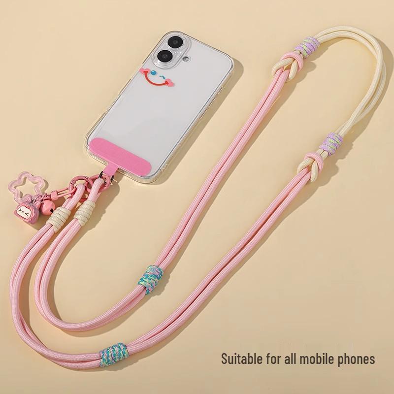 Adjustable Phone Lanyard with Cartoon Pendant, Patchwork Crossbody Strap, Anti-Lost Rope, and Clip
