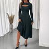 New Autumn Elegant Commuter Style Sexy Cut-out Round-neck Solid Color Slim Dress