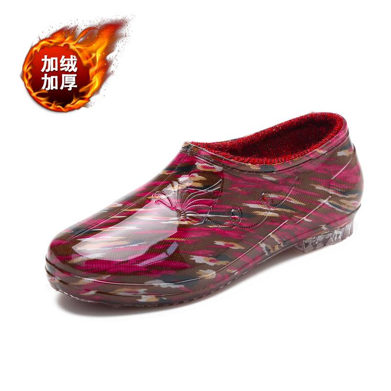Fashion cotton rain shoes female adult low-top non-slip velvet warm kitchen water shoes women's work rubber shoes overshoes winter