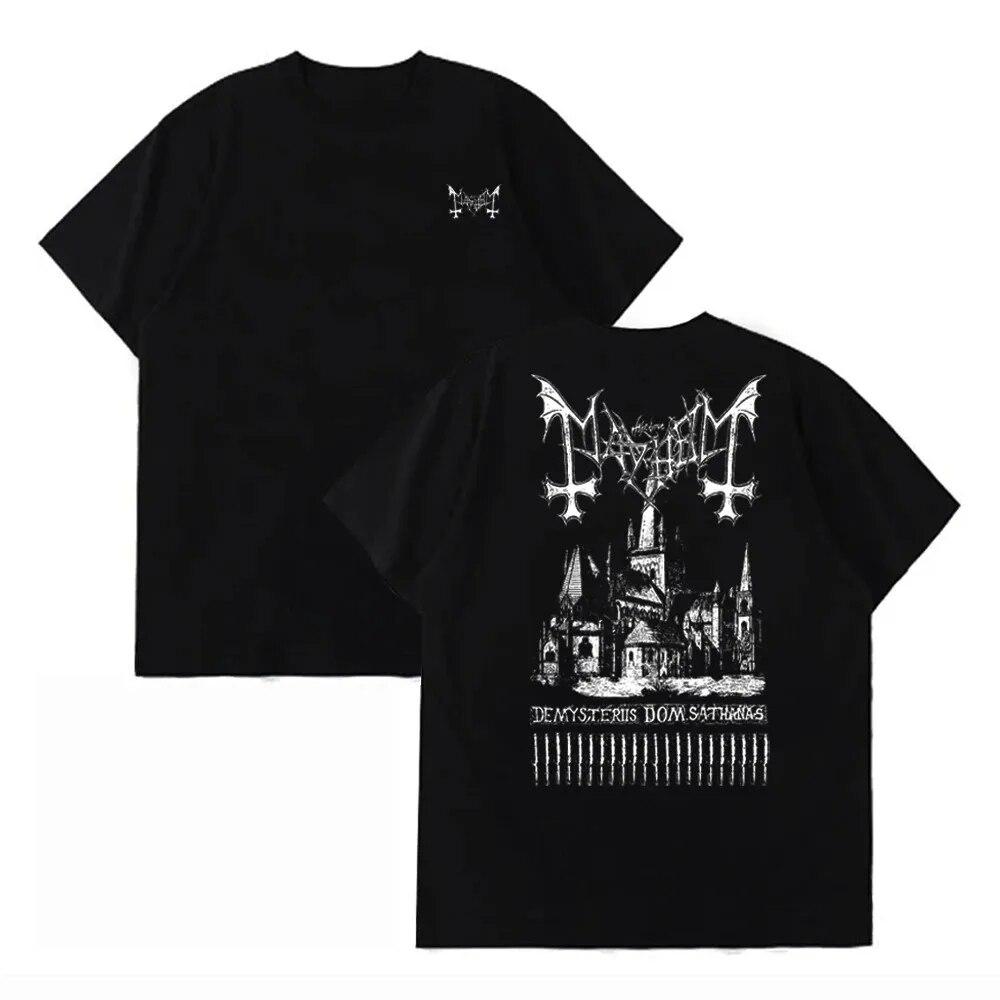 Harajuku Fashion Black Metal Band Mayhem Double Sided Printing Tshirts Unisex Women Short Sleeve Cotton Tees Oversized Streetwear Unisex