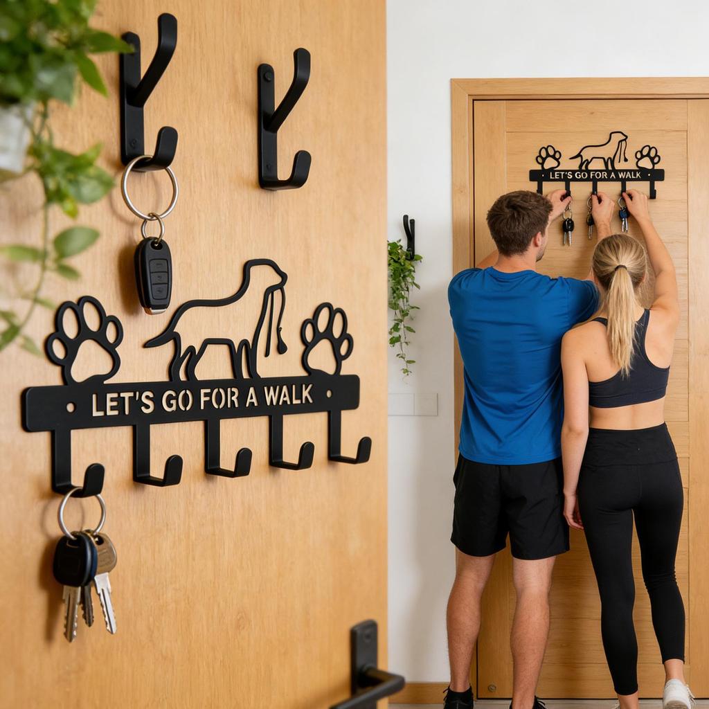 Wall Mounted Key Holder Dog Leash Theme Storage Rack Metal Storage Shelf Black 5-key Storage Hooks For Entryway Door Bathroom