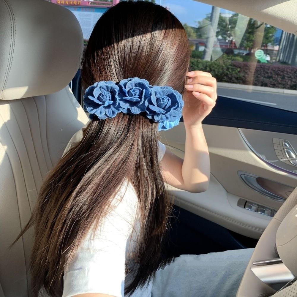 Denim Blue Flower Banana Clips Camellia Floral Twisted Hair Clip Sweet Women Vertical Clip  Spring