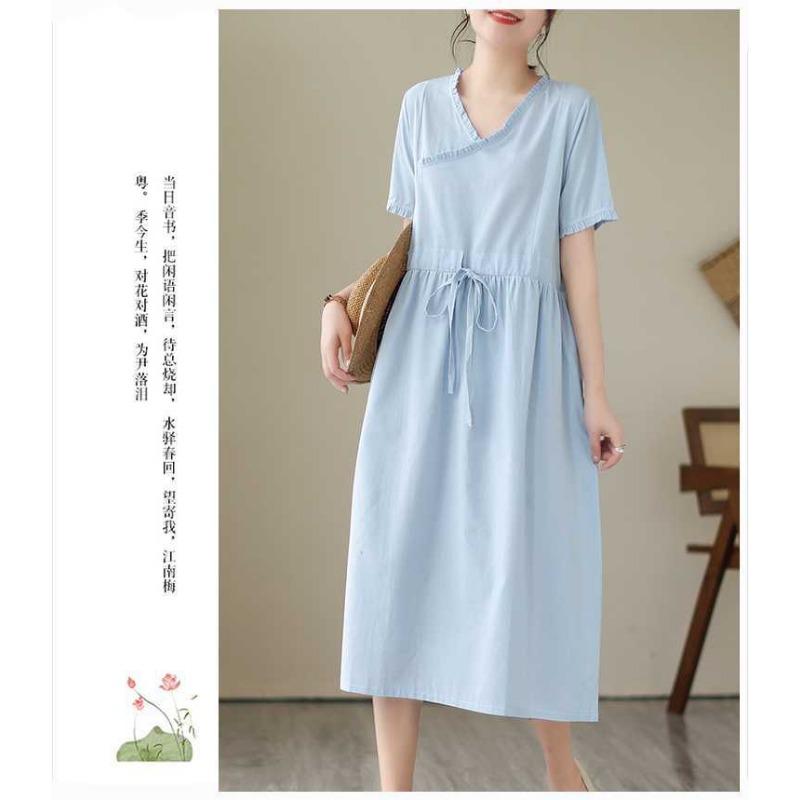 Ethnic Style Wooden Ear Neck Tie Waist Short Sleeve Midi Literary Vintage Dresses