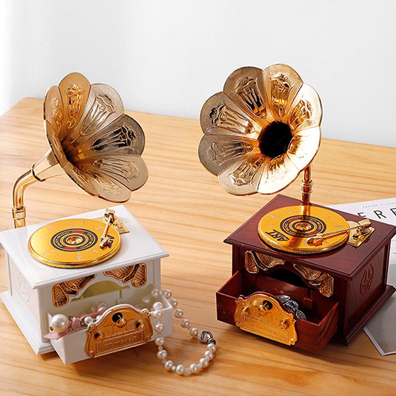 Antyczny Klasyczny Retro Gramofon z Tubą Pozytywka Nostalgiczny Styl Gramofon Pozytywka Dekoracja Domu Prezent