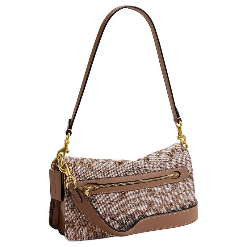 Coach Tabby 26 Crystal Logo Jacquard Classic Design Natural Grain Nappa Leather Shoulder Bag Medium Women Mushroom
