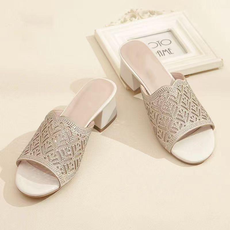 Women's Summer Block Heel Rhinestone Slippers Open Toe Soft Sole Non Slip Leather Mesh Hollow Out Outdoor Slippers Sandals