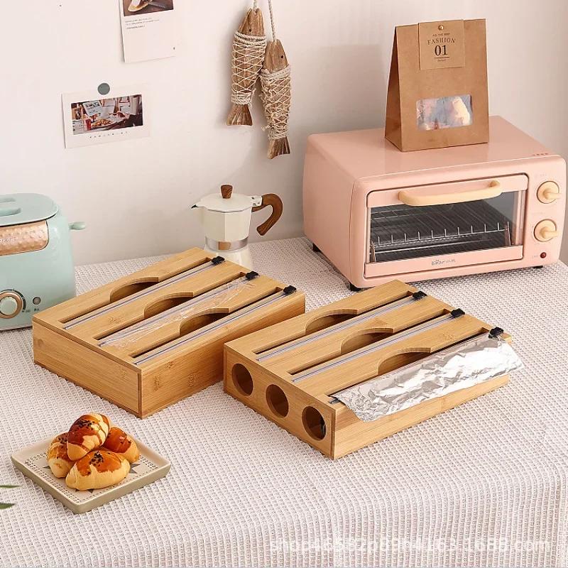 Bamboo Wrap Dispenser Storage Dispenser For Aluminum Foil Dispenser With Cutter Cling Film Holder Kitchen Accessories