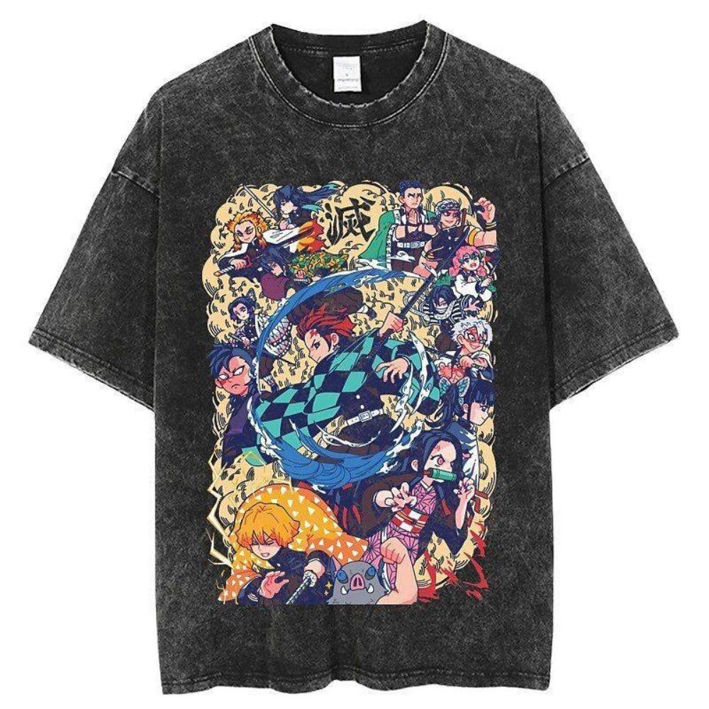 Original Ghost Slayer Retro Washed Anime Short Sleeved T-shirt with Printed Pattern for Daily Leisure Sports T-shirt