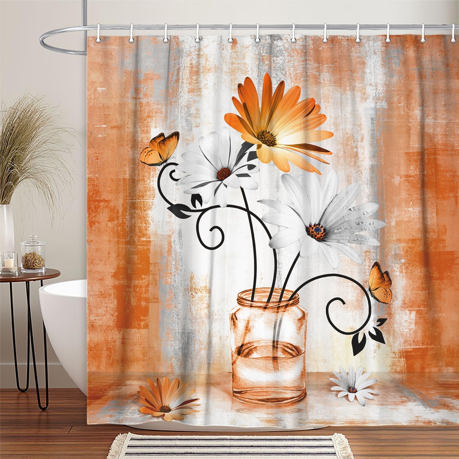 

Rustic Yellow Floral Boho Shower Curtain with Daisy Flowers & Butterflies – Country Farmhouse Style, Grey Surreal Floral Design W90XH180cm
