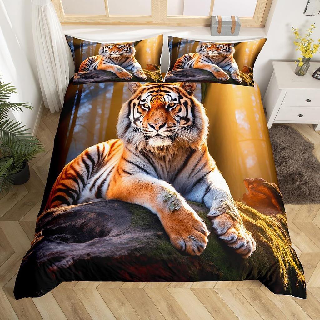 Tiger Duvet Cover Set Twin Queen for Boys Girls Wild Animal Print Bedding Set Soft Microfiber Comforter Cover with 2 Pillow Sham
